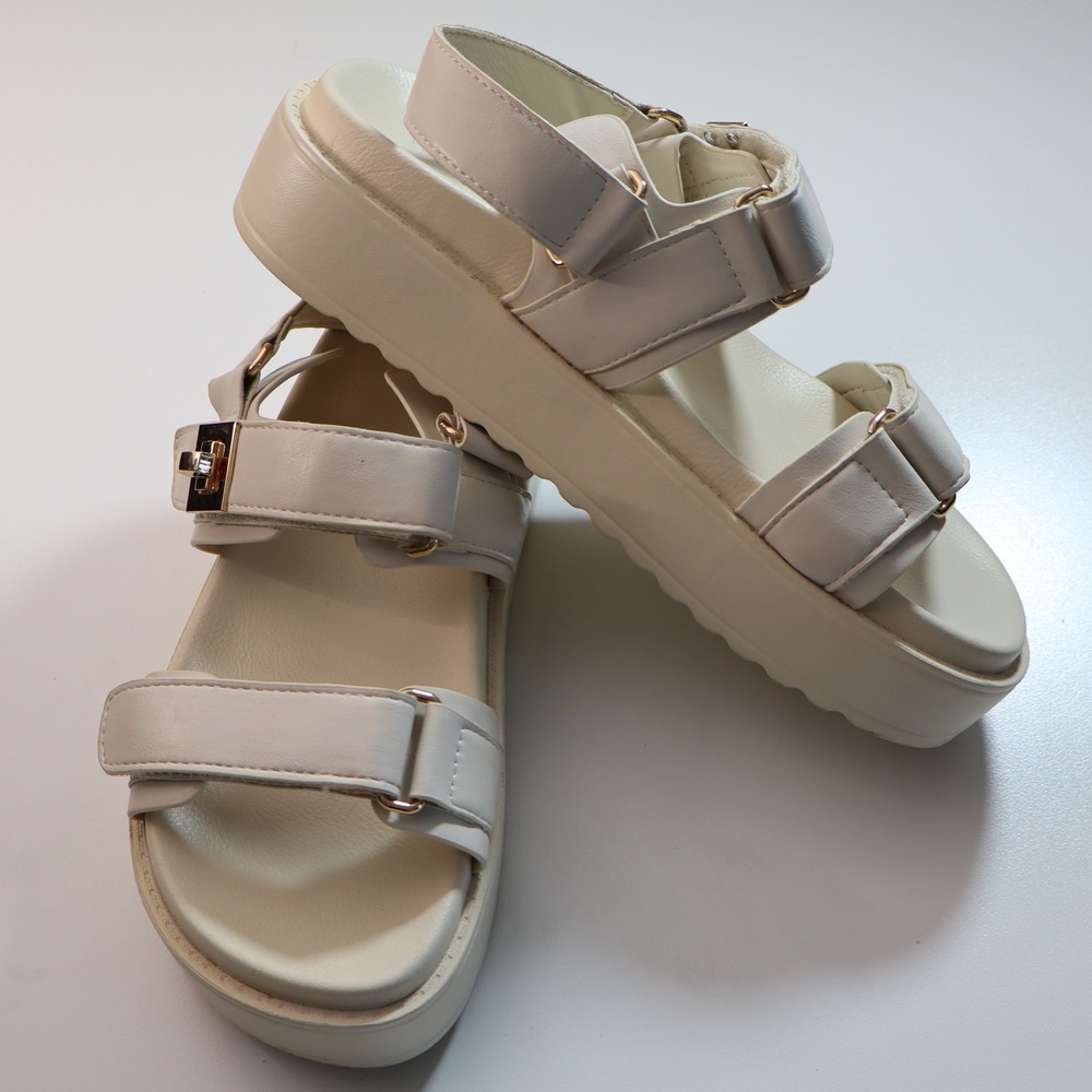 Vodvob Platform Sandals Womens 8.5 Cream Flatform Gold Turn-Lock Strappy Shoes